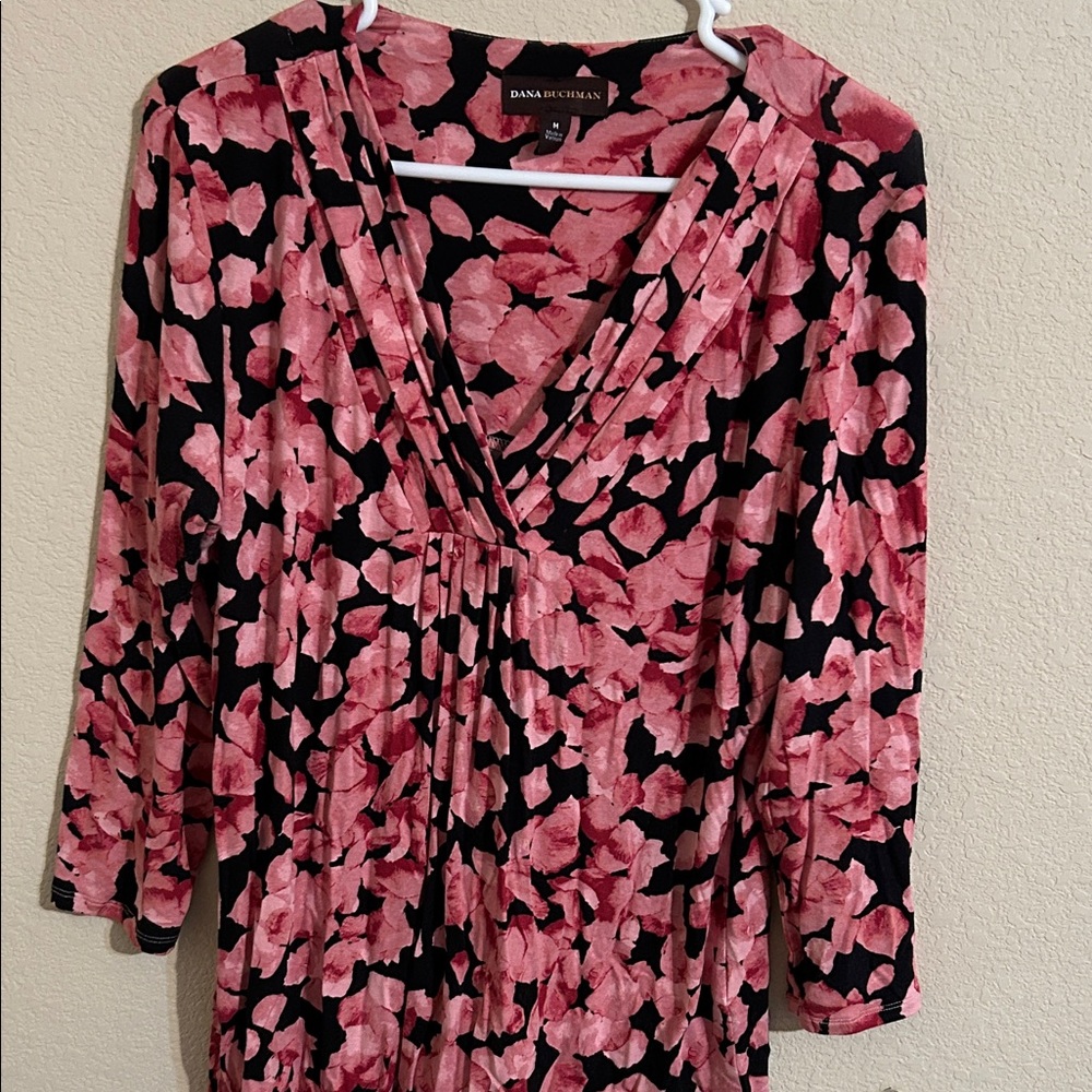 Dana Buchman Floral Pink and Black Blouse Romantic Peplum Flowy